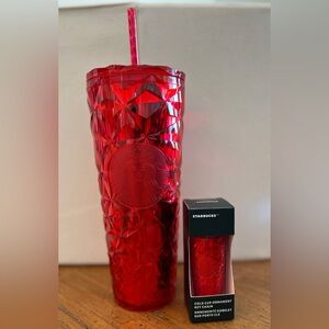 Starbucks Holiday Christmas Poinsettia Red Prism Iridescent Tumbler & Ornament